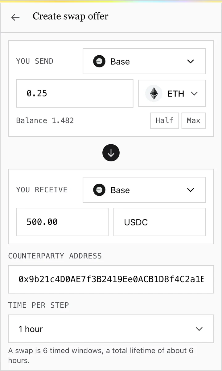 The QuipSwap extension composing a swap offer: sending 0.25 ETH on Base, receiving 500.00 USDC on Base, with the counterparty's address and a one-hour time per step.